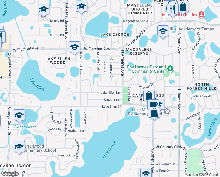map of restaurants, bars, coffee shops, grocery stores, and more near 2517 Lake Ellen Lane in Tampa
