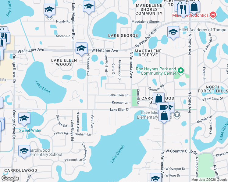 map of restaurants, bars, coffee shops, grocery stores, and more near 2517 Lake Ellen Lane in Tampa