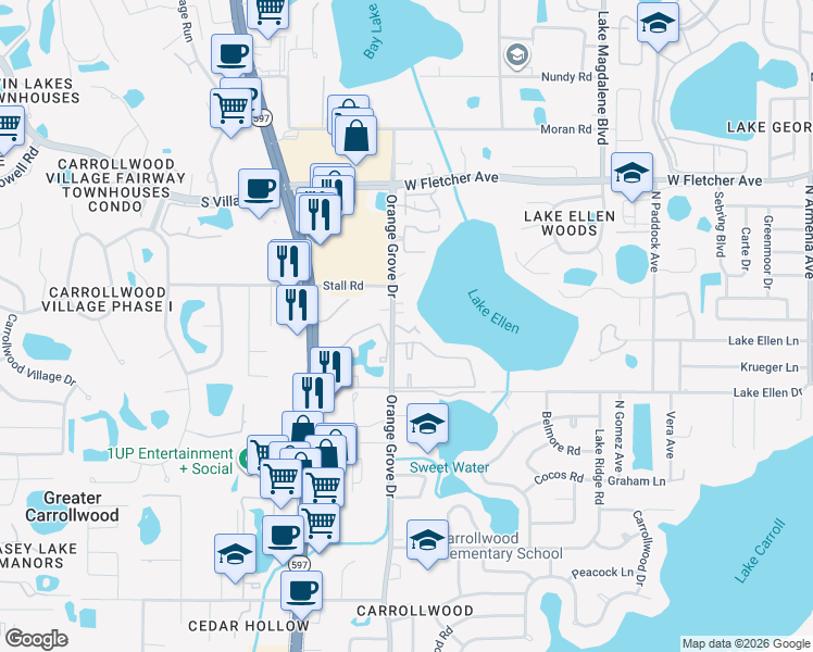 map of restaurants, bars, coffee shops, grocery stores, and more near 3413 Ellenwood Lane in Tampa