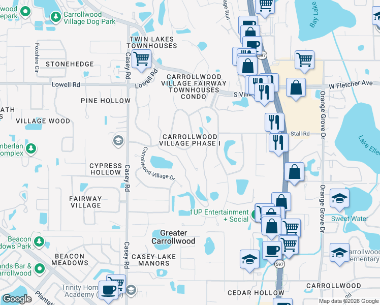 map of restaurants, bars, coffee shops, grocery stores, and more near 12915 Golf Crest Terrace in Tampa