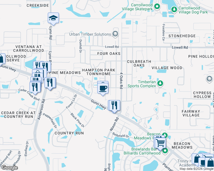 map of restaurants, bars, coffee shops, grocery stores, and more near 12502 Holyoke Avenue in Tampa