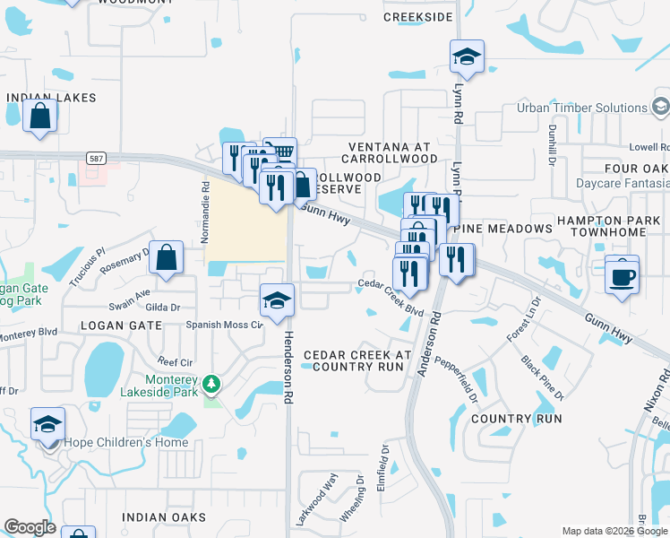 map of restaurants, bars, coffee shops, grocery stores, and more near 12705 Wood Trail Boulevard in Tampa