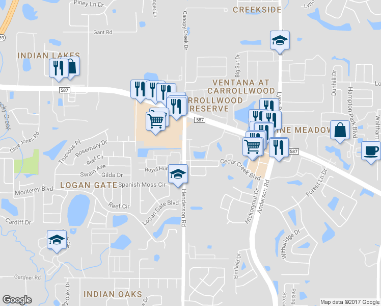 map of restaurants, bars, coffee shops, grocery stores, and more near 12706 Country Brook Lane in Tampa