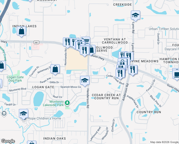 map of restaurants, bars, coffee shops, grocery stores, and more near 12706 Country Brook Lane in Tampa