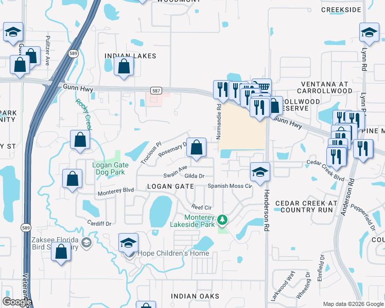 map of restaurants, bars, coffee shops, grocery stores, and more near 12701 Cheche Place in Tampa