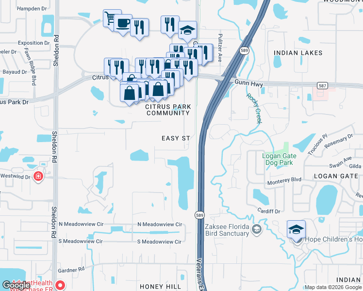map of restaurants, bars, coffee shops, grocery stores, and more near 12802 Easy Street in Tampa