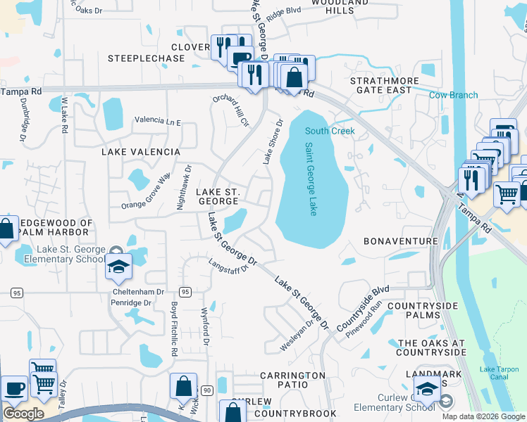 map of restaurants, bars, coffee shops, grocery stores, and more near 3803 Lake Shore Drive in Palm Harbor