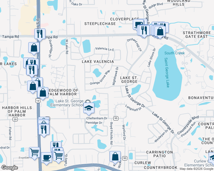 map of restaurants, bars, coffee shops, grocery stores, and more near 2648 Kavalier Drive in Palm Harbor