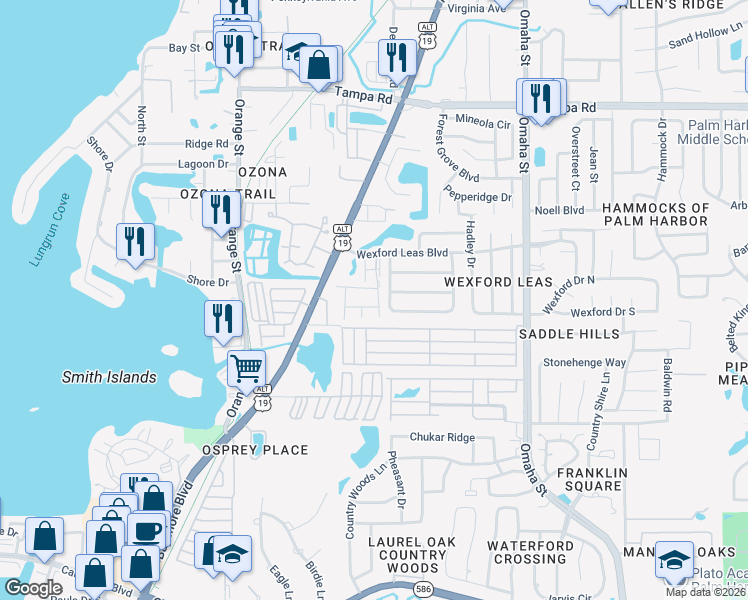 map of restaurants, bars, coffee shops, grocery stores, and more near 496 Daventry Square in Palm Harbor