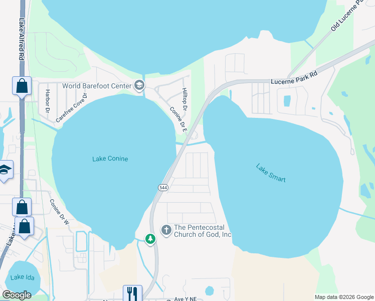 map of restaurants, bars, coffee shops, grocery stores, and more near 384 Winter Ridge Boulevard in Winter Haven