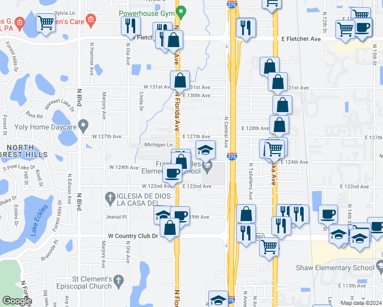 map of restaurants, bars, coffee shops, grocery stores, and more near 204 Pine Tulip Court in Tampa