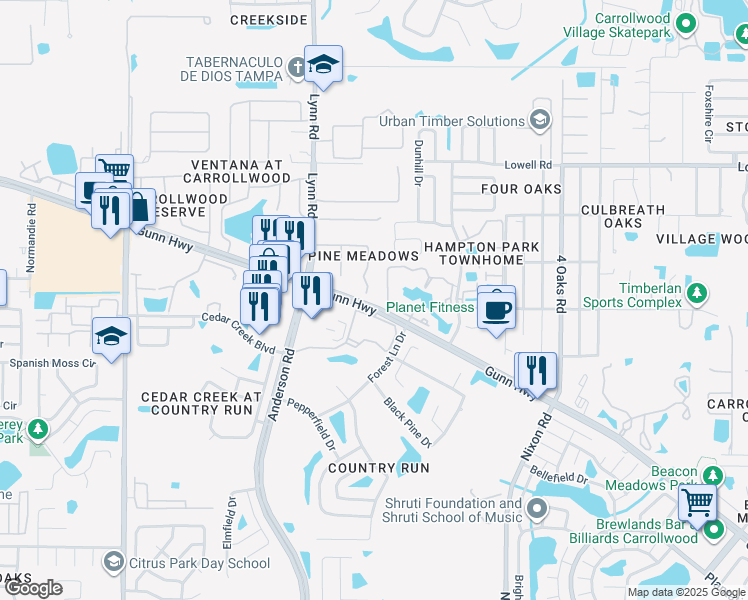 map of restaurants, bars, coffee shops, grocery stores, and more near 12701 Barrett Drive in Tampa