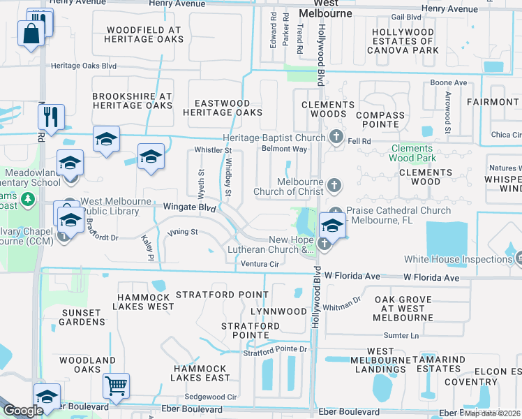 map of restaurants, bars, coffee shops, grocery stores, and more near 2210 Weatherly Avenue in Melbourne