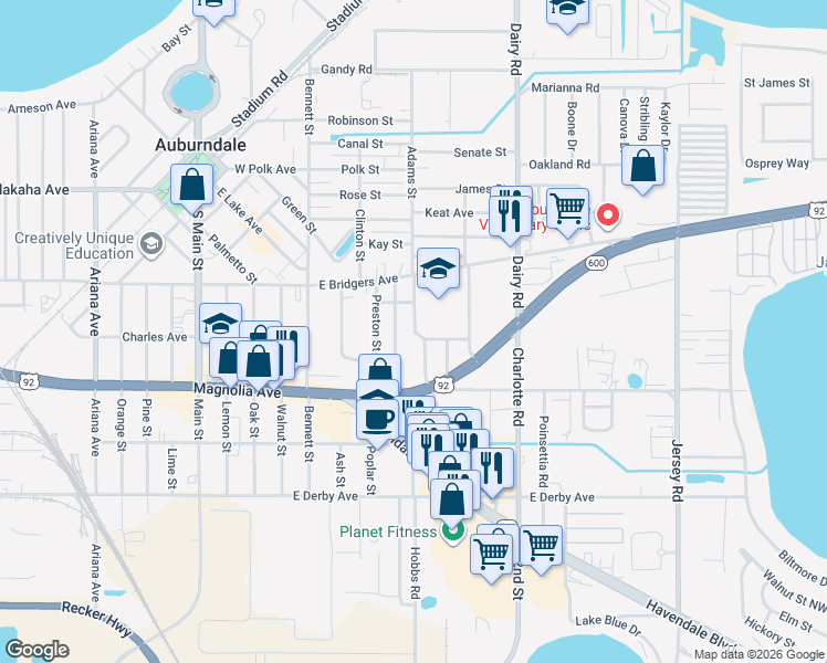 map of restaurants, bars, coffee shops, grocery stores, and more near 322 1st Street in Auburndale