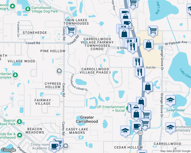 map of restaurants, bars, coffee shops, grocery stores, and more near 12915 Golf Crest Terrace in Tampa