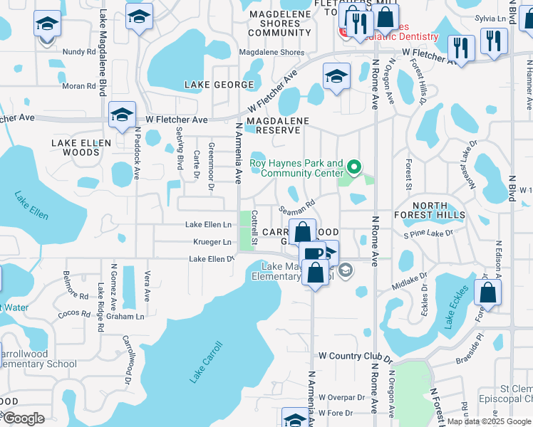map of restaurants, bars, coffee shops, grocery stores, and more near 12418 Julius Street in Tampa