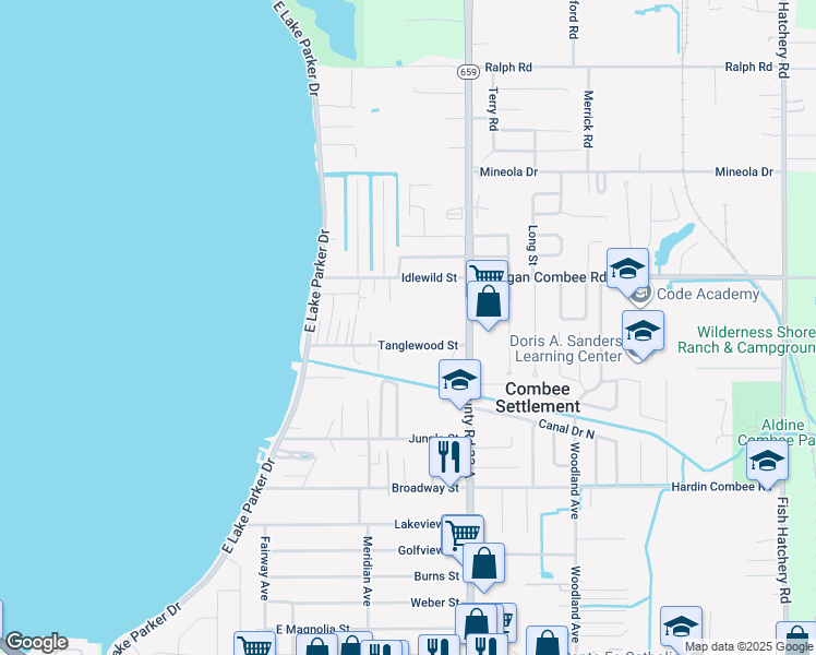 map of restaurants, bars, coffee shops, grocery stores, and more near 2500 Tanglewood Street in Lakeland