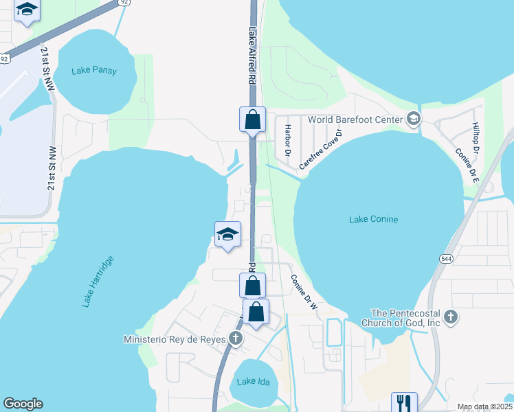 map of restaurants, bars, coffee shops, grocery stores, and more near 110 Oak Crest Drive Northwest in Winter Haven