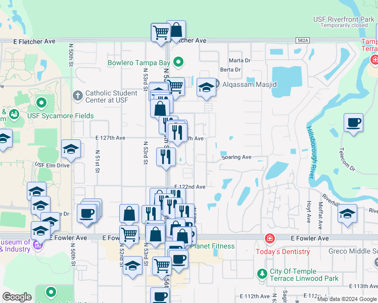 map of restaurants, bars, coffee shops, grocery stores, and more near 12425 Touchton Drive in Tampa