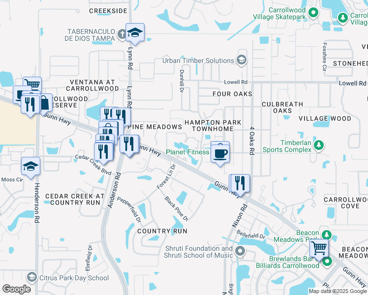 map of restaurants, bars, coffee shops, grocery stores, and more near 5414 Deerbrooke Creek Circle in Tampa