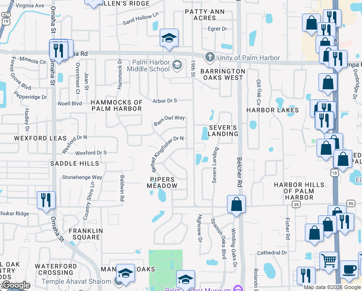 map of restaurants, bars, coffee shops, grocery stores, and more near 575 Pine Warbler Way North in Palm Harbor