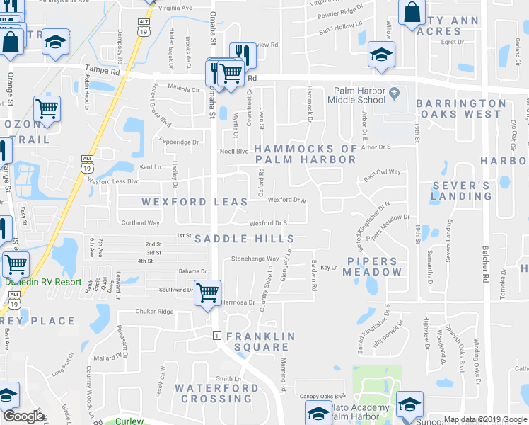 map of restaurants, bars, coffee shops, grocery stores, and more near 20 Regis Circle in Palm Harbor
