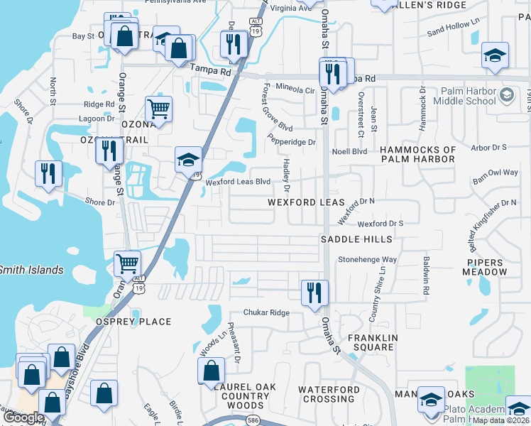map of restaurants, bars, coffee shops, grocery stores, and more near 1021 Cortland Way in Palm Harbor