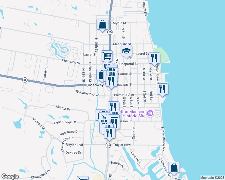 map of restaurants, bars, coffee shops, grocery stores, and more near 3114 Texas 35 Business in Rockport