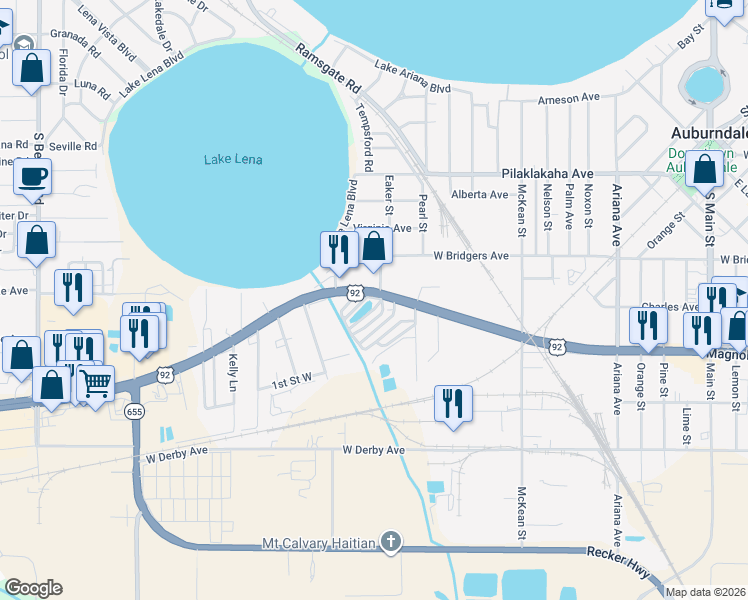 map of restaurants, bars, coffee shops, grocery stores, and more near 1311 U.S. 92 in Auburndale
