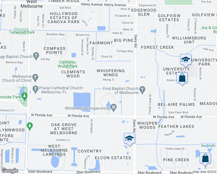 map of restaurants, bars, coffee shops, grocery stores, and more near 3245 Soft Breeze Circle in West Melbourne