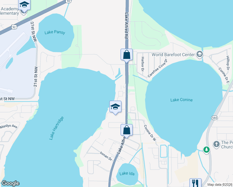 map of restaurants, bars, coffee shops, grocery stores, and more near 3553 Harbor Circle Northwest in Winter Haven