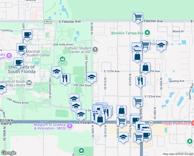 map of restaurants, bars, coffee shops, grocery stores, and more near 5020 Sunridge Palms Drive in Tampa