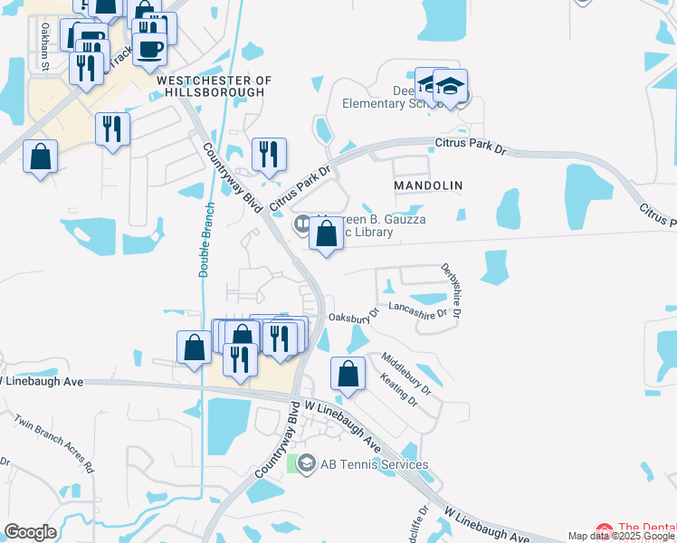 map of restaurants, bars, coffee shops, grocery stores, and more near 11934 Derbyshire Drive in Tampa