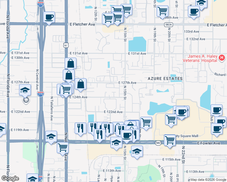 map of restaurants, bars, coffee shops, grocery stores, and more near 1310 Mountain View Drive in Tampa