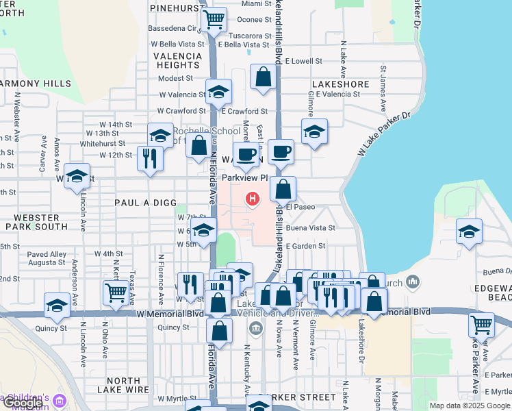 map of restaurants, bars, coffee shops, grocery stores, and more near 1324 Lakeland Hills Boulevard in Lakeland