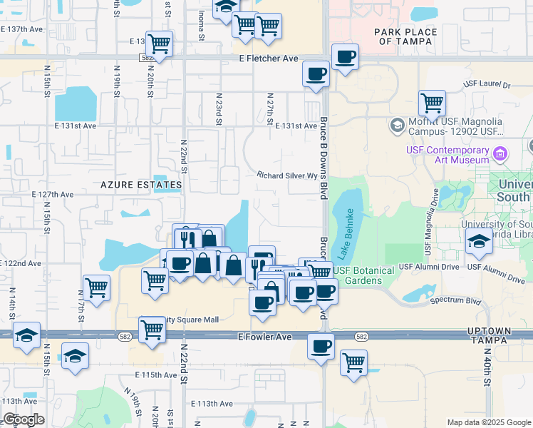 map of restaurants, bars, coffee shops, grocery stores, and more near 2702 Campus Hill Drive in Tampa