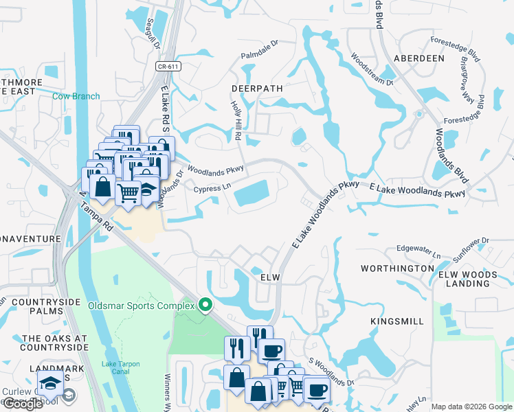 map of restaurants, bars, coffee shops, grocery stores, and more near 254 Woodlake Wynde in Oldsmar
