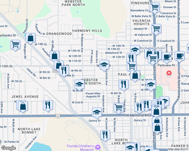 map of restaurants, bars, coffee shops, grocery stores, and more near 901 West 8th Street in Lakeland