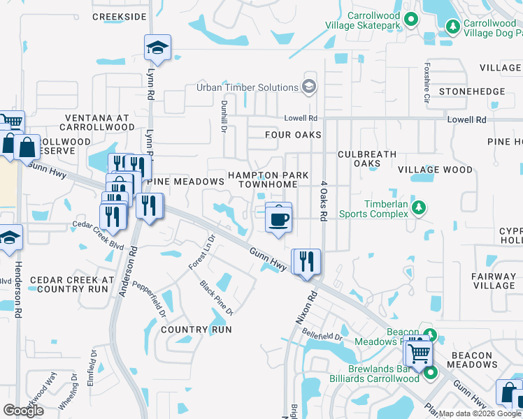 map of restaurants, bars, coffee shops, grocery stores, and more near 12522 Castle Hill Drive in Tampa