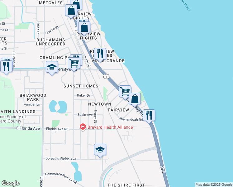 map of restaurants, bars, coffee shops, grocery stores, and more near 2553 Spence Drive Northeast in Palm Bay