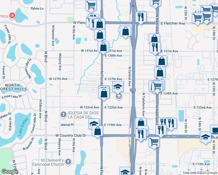 map of restaurants, bars, coffee shops, grocery stores, and more near 205 Pine Tulip Court in Tampa