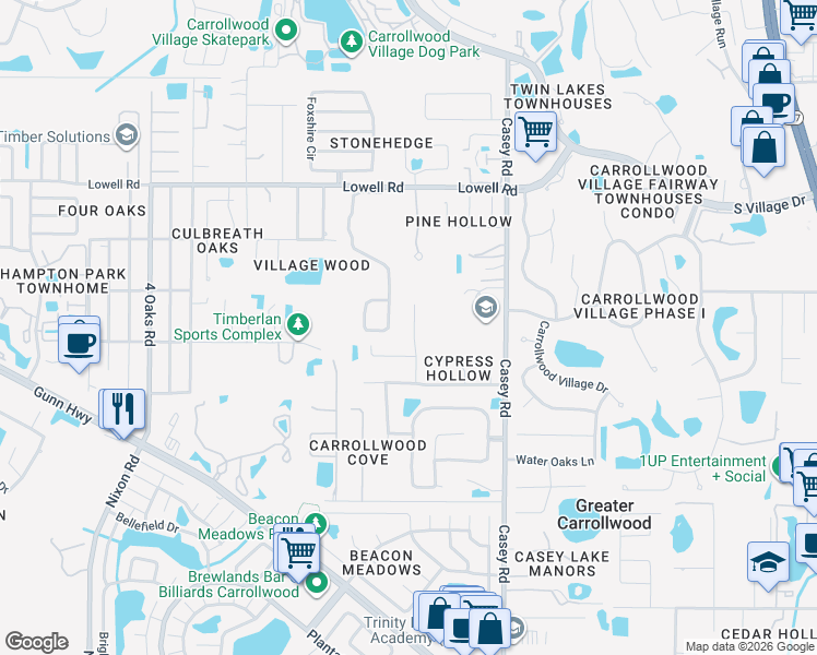 map of restaurants, bars, coffee shops, grocery stores, and more near 12204 Snead Place in Tampa