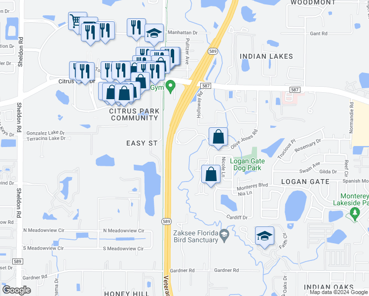map of restaurants, bars, coffee shops, grocery stores, and more near Veterans Expressway in Tampa