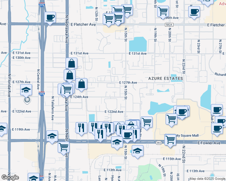 map of restaurants, bars, coffee shops, grocery stores, and more near 12410 Titus Court in Tampa