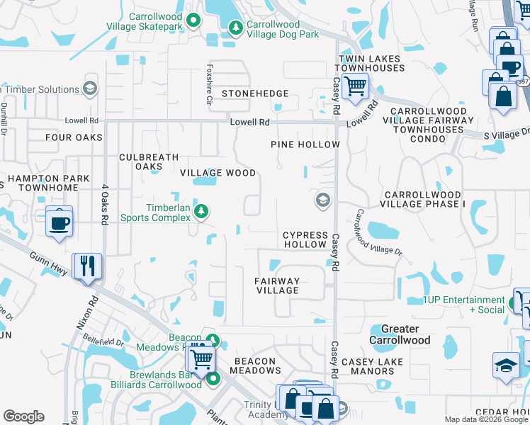 map of restaurants, bars, coffee shops, grocery stores, and more near 12833 Darby Ridge Drive in Tampa