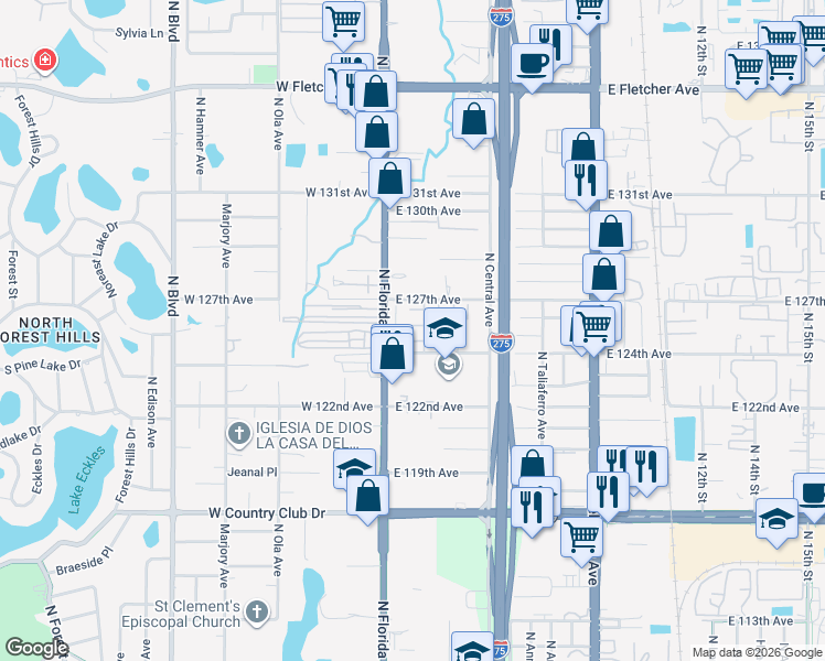 map of restaurants, bars, coffee shops, grocery stores, and more near 201 Pine Violet Court in Tampa