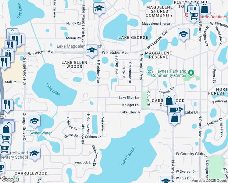 map of restaurants, bars, coffee shops, grocery stores, and more near 2530 Lake Ellen Circle in Tampa