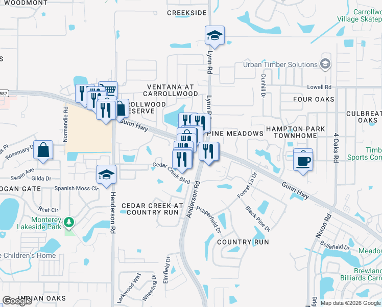 map of restaurants, bars, coffee shops, grocery stores, and more near 12080 Anderson Road in Citrus Park