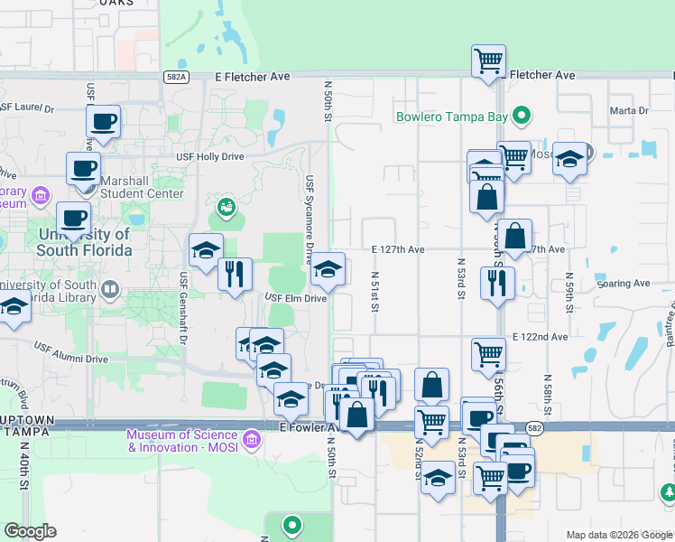 map of restaurants, bars, coffee shops, grocery stores, and more near 5016 Sunridge Palms Drive in Tampa