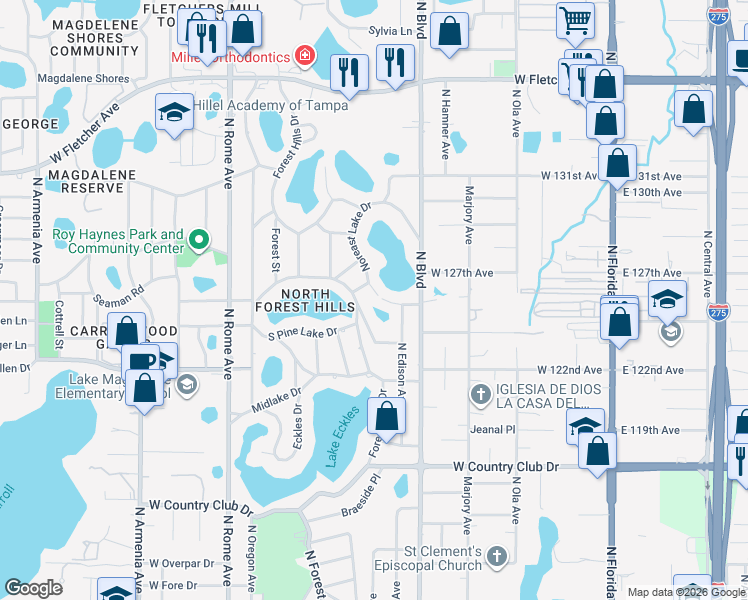 map of restaurants, bars, coffee shops, grocery stores, and more near 12119 Golfside Drive in Tampa